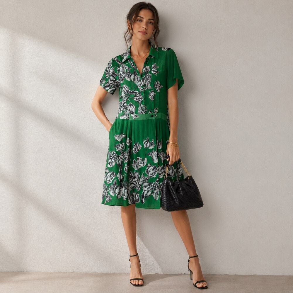 Derek Lam Shift Dress Green Floral Pleated Collared Short Sleeves